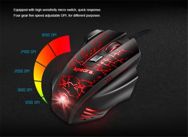 Apedra A7 светодиодный оптический 7 кнопок Проводная игровая мышь USB 3200DPI оптическая