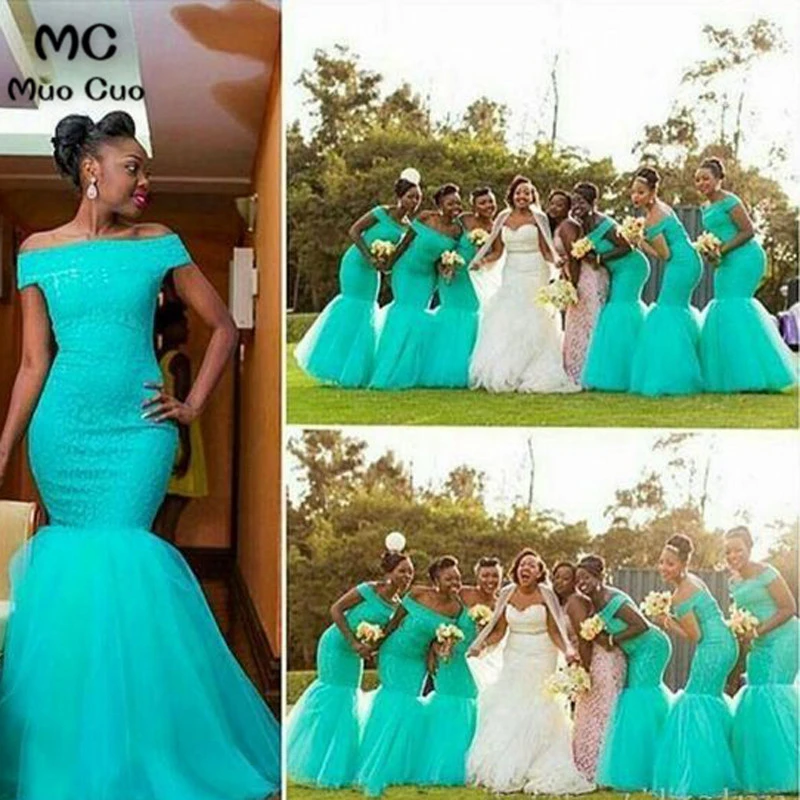 Robe Sirene De Demoiselle D Honneur Pour Mariage Epaules Denudees Style Nigerian Turquoise Tendance Aliexpress