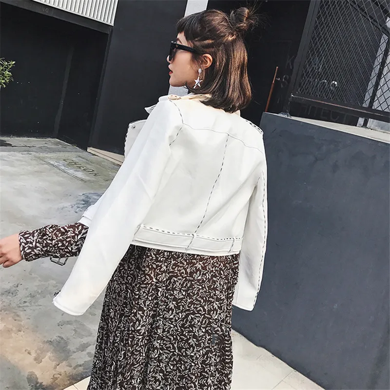White Leather Jacket 2017 Autumn Winter Women Street Fashion Zipper Pockets Slim Short PU Faux Basic Coat Outwear Chaqueta Mujer