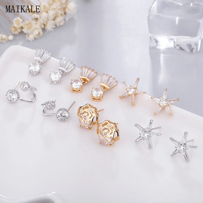 

MAIKALE Five-pointed Star Earrings Hollow Flower Cubic Zirconia Stud Earring Copper Gold Silver Small Earings for Women Gifts