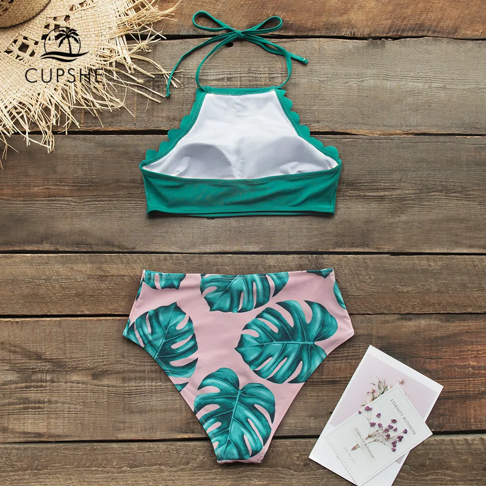Günstige CUPSHE Teal Und Palm Print High neck Halter Bikini Sets Sexy Badeanzug Zwei Stück Bademode Frauen 2020 Strand Bade anzüge Biquini