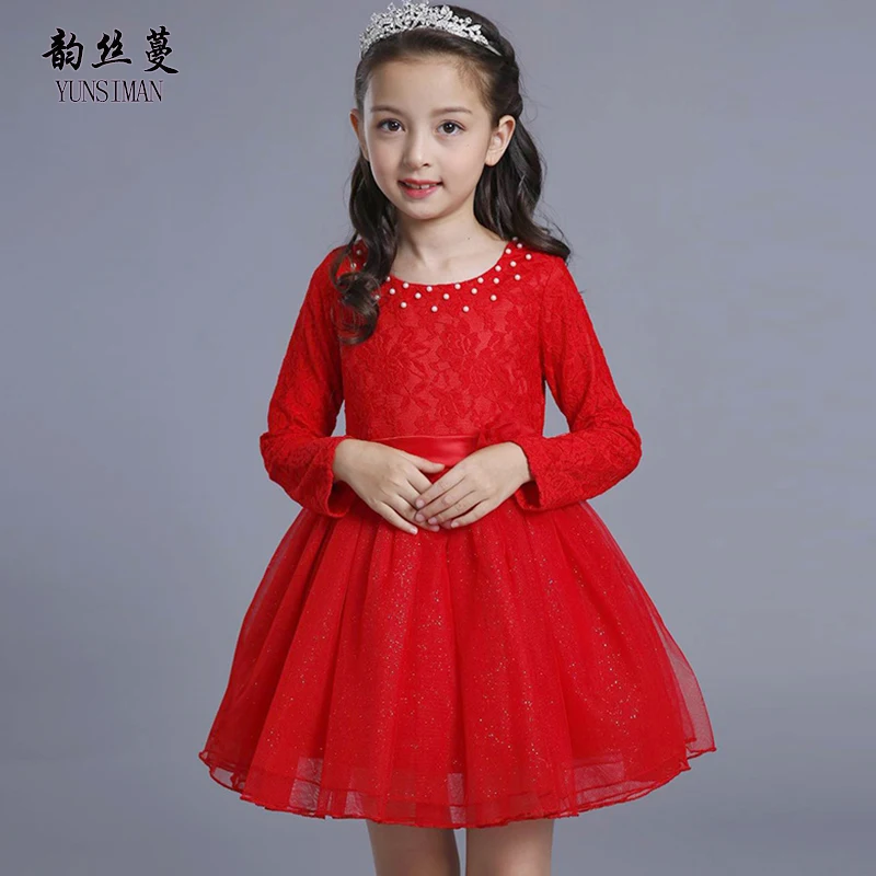 

3 to 12 Y Kids Girls Lace Dress Winter 2018 Long Sleeve Flower Red White Mesh Lace Princess Ball Gown Kids Party Dresses 33W5B