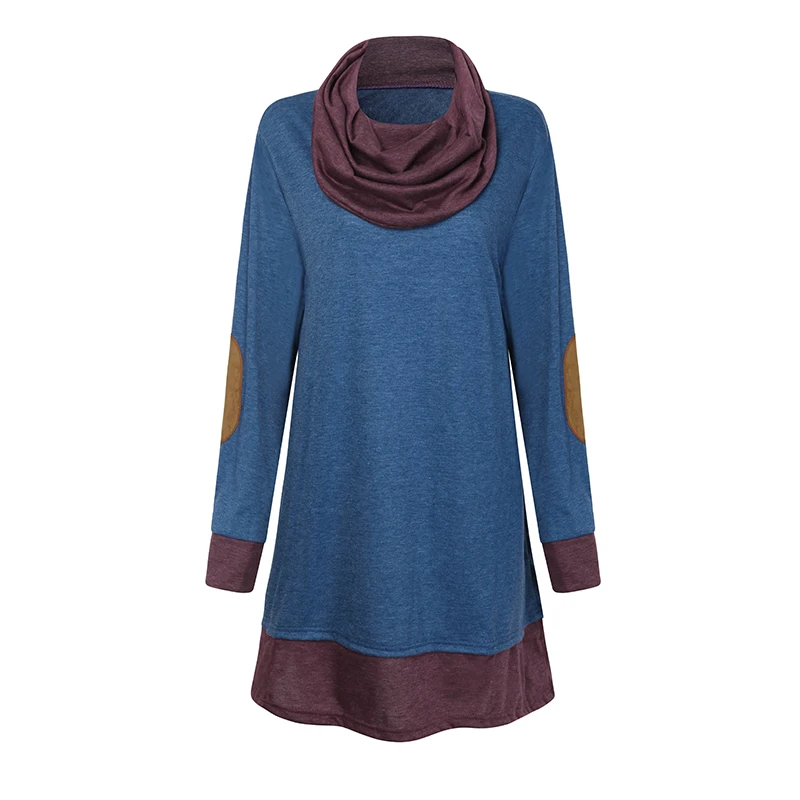 S-5XL Women Long Sleeve Thin Pullover Spring Autumn Blouse Patchwork Cowl Neck Ladies Long Tops Casual Shirts Elbow Patches New