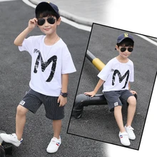 Новинка года, детские летние комплекты одежды для мальчиков футболка шорты в клетку спортивный костюм для мальчиков 4, 6, 8, 9, 10, 12 лет