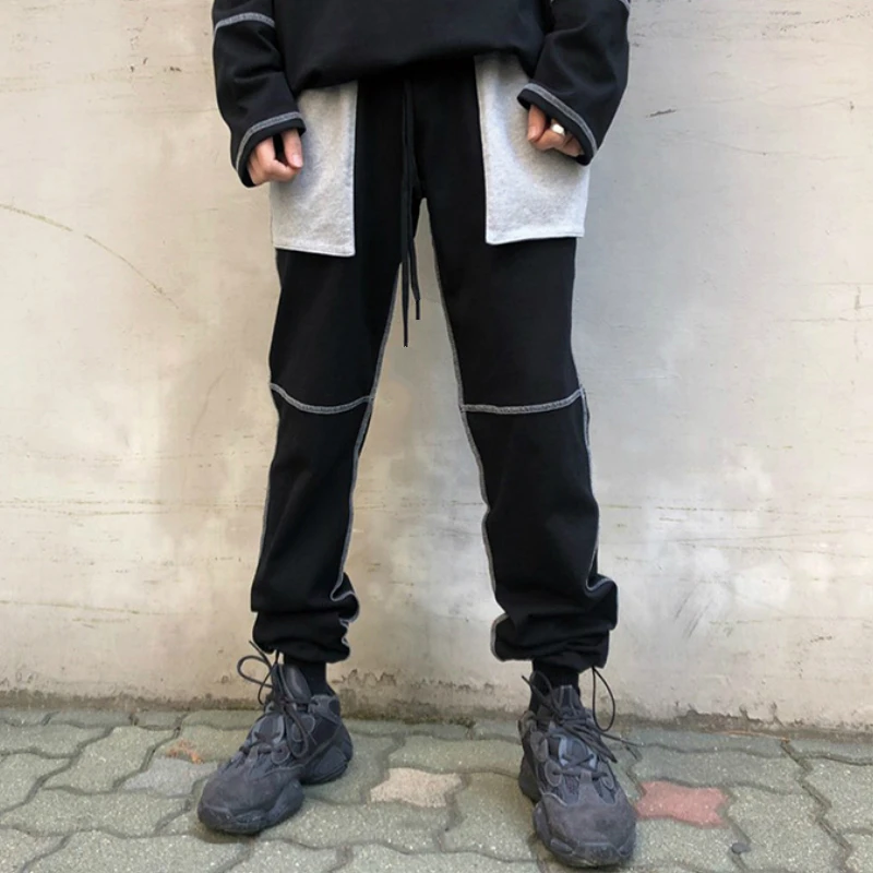 

Exposed Pockets Loose Cotton Sweatpants Hip Hop Streetwear Contrast Stitching Jogger Pants