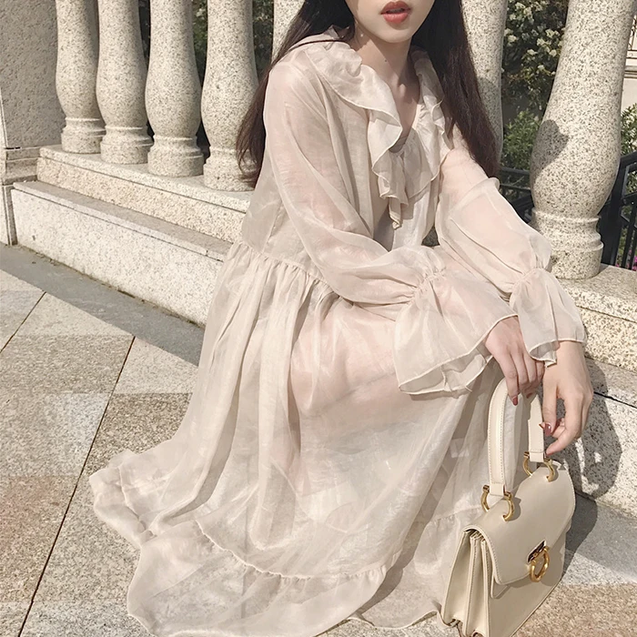 2 Pieces Set Beautiful Girl Organza Mesh Dress Ruffles High Waist Baby Doll Midi Vintage Robe Femme Vestido Vestiti Fiesta | Женская