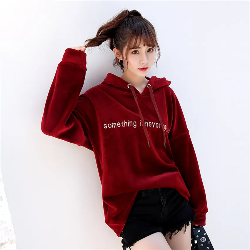 

2018 New Autumn Winter Women Velvet Sweatshirts Long Sleeve Hooded Long Sweatshirt Lady BF Fleece Streetwear Pullover Tops WZ191