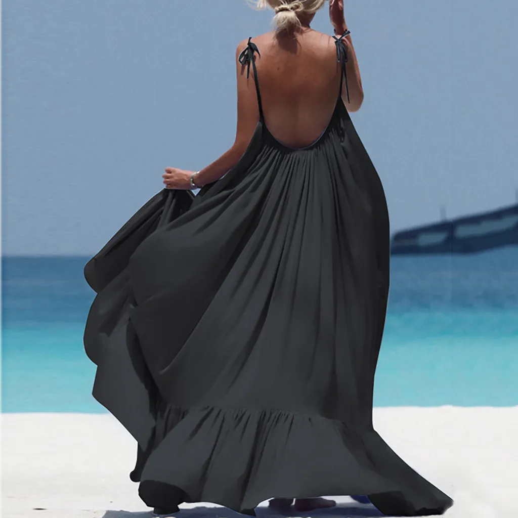 Летнее пляжное платье размера плюс, женское элегантное черное длинное платье на бретельках, женская одежда, женское платье с открытой спиной