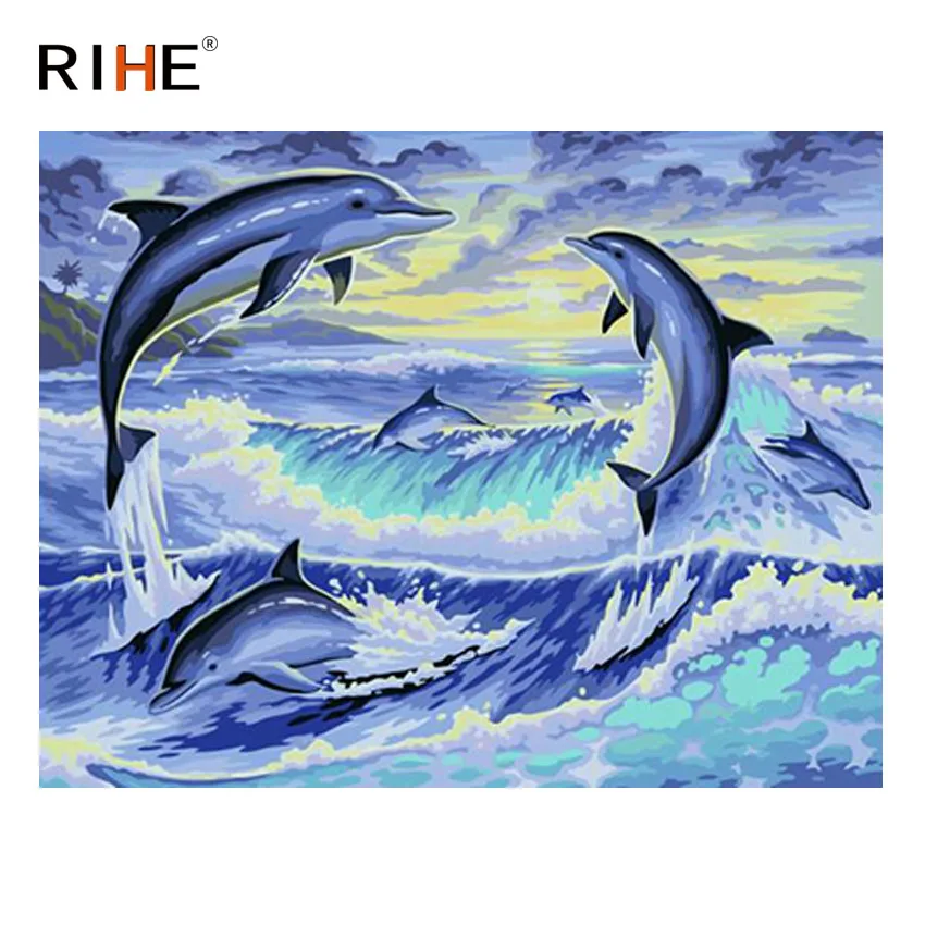 

RIHE Dolphin Jumping Diy Painting By Numbers Animal Sea Oil Painting On Canvas Hand Painted Cuadros Decoracion Acrylic Paint Art