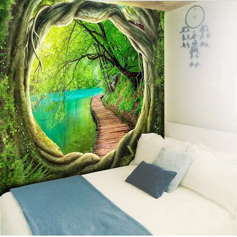 Clear River Wood Path Print Wall Tapestry Psychedelic Tree Hole Home Decor Wall Hanging for Living Room Bedroom Boho Tapestries