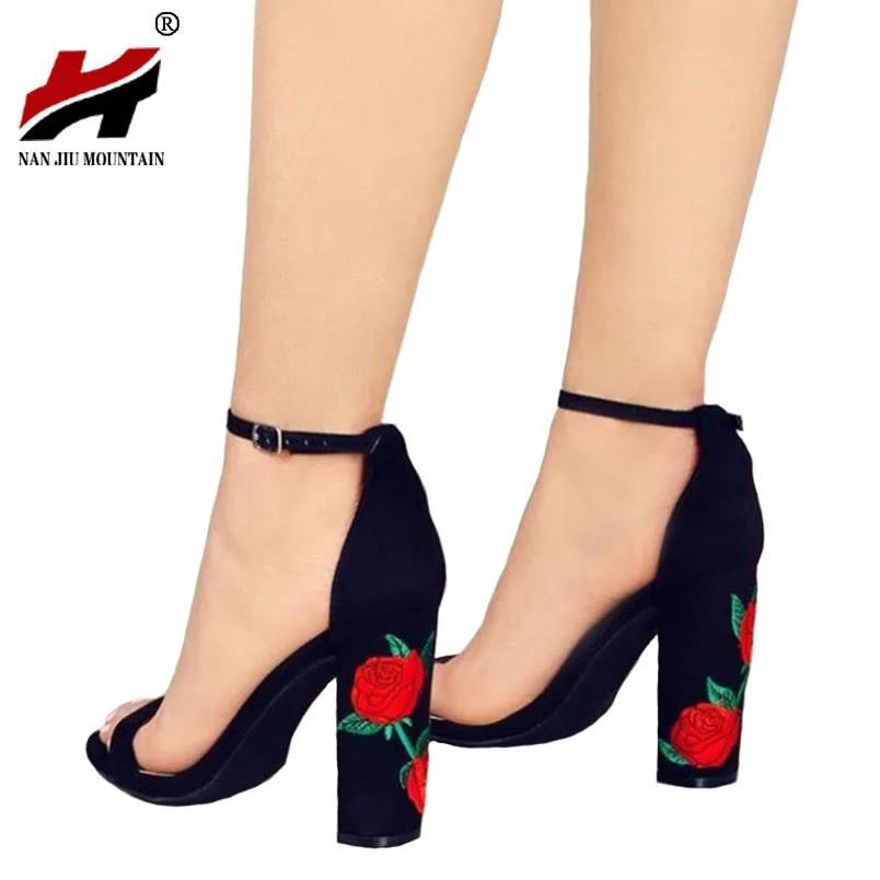 

NAN JIU MOUNTAIN New Ankle Strap Summer Women Sandals Embroider High Heels Open Toe Elegant Floral Shoes Woman Large size 34-43