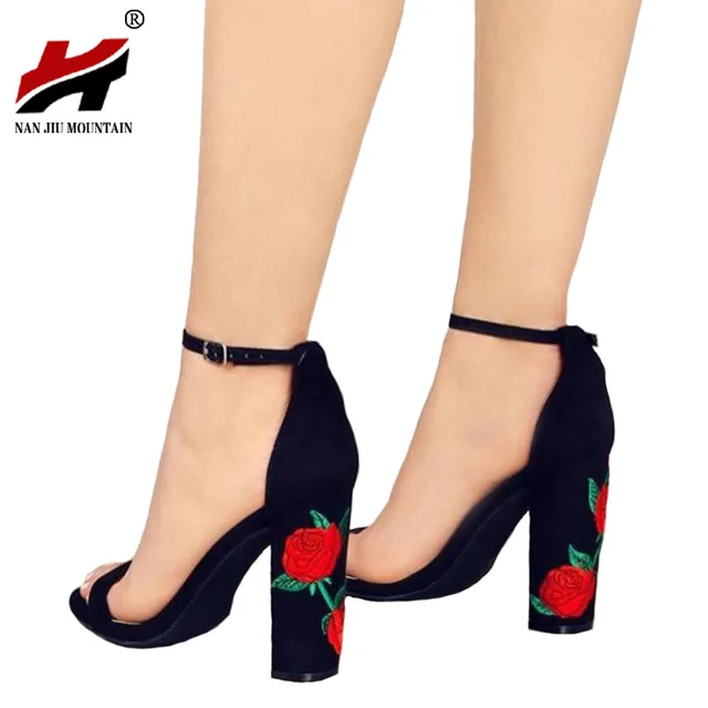 New Ankle Strap Women Sandals Embroider High Heels Open Toe Sandals Woman Elegant Floral Summer Dress Wedding Shoes Black Nude