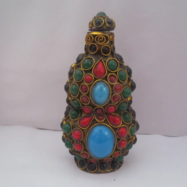 

Tibet Handwork Copper Imitation Turquoise Inlaid Semi-precious Stone Beads Bottle Big Snuff Bottle Free Shipping