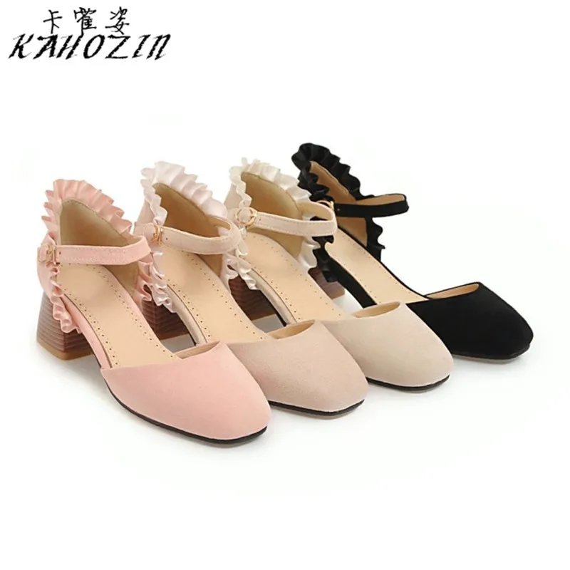 

Summer sandals For Women 2019 Delicate Suede Square heel Round head lace casual scarpe donna tacco buty damskie size33- 43