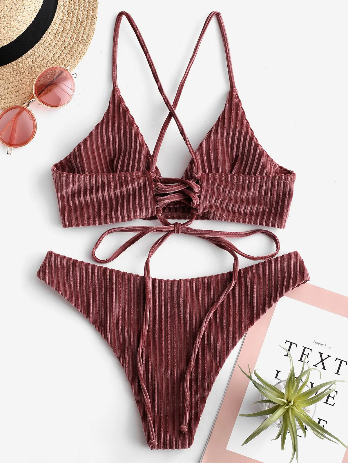 ZAFUL Bikini Velvet Ribbed Cami Bikini Set Lace Up Spaghetti Straps Women Swimsuit Solid Swimwear Padded Bathing suit