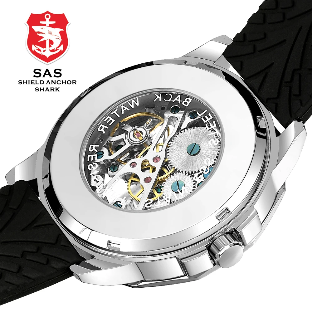 Акула спортивные часы мужские модные 3D череп дизайн SAS щит якорь винтажные механические часы силиконовый ремешок Скелет Wirst часы