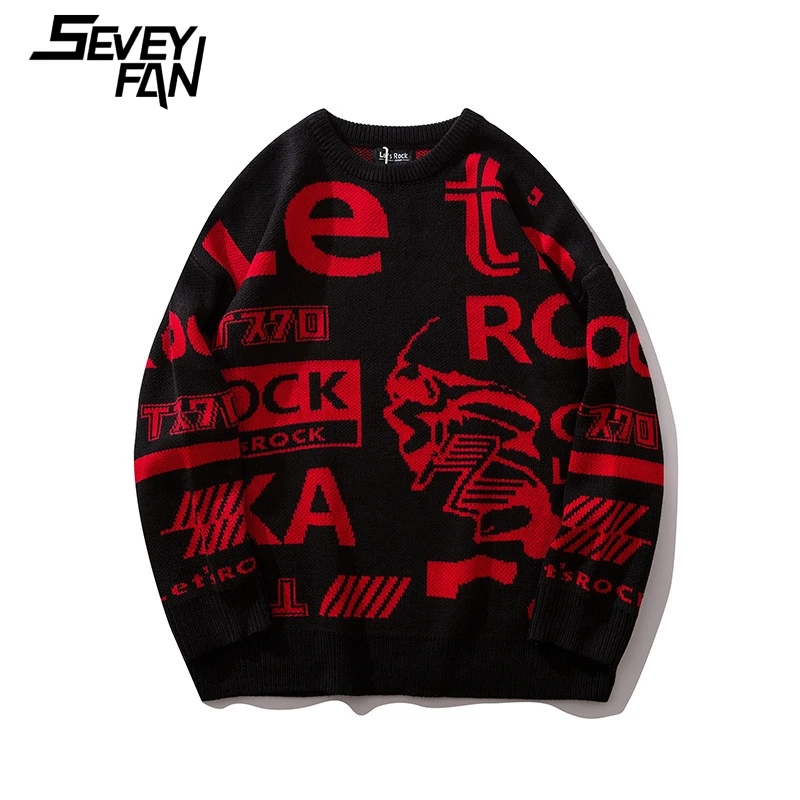 

Seveyfan Hip Hop Men's Sweater Fashion Letters Jacquard Knitted Sweater Couples Casual O Neck Pullover Knittwear Streetwear