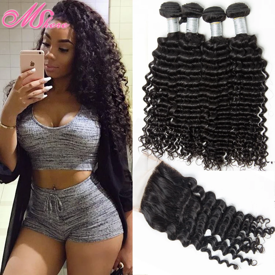 Ms Here 4 Bundle Deep Curly Pervian Virgin Hair with Closure Peruvian Human Hair Deep Wave with Closure Kinky Curly with Closure