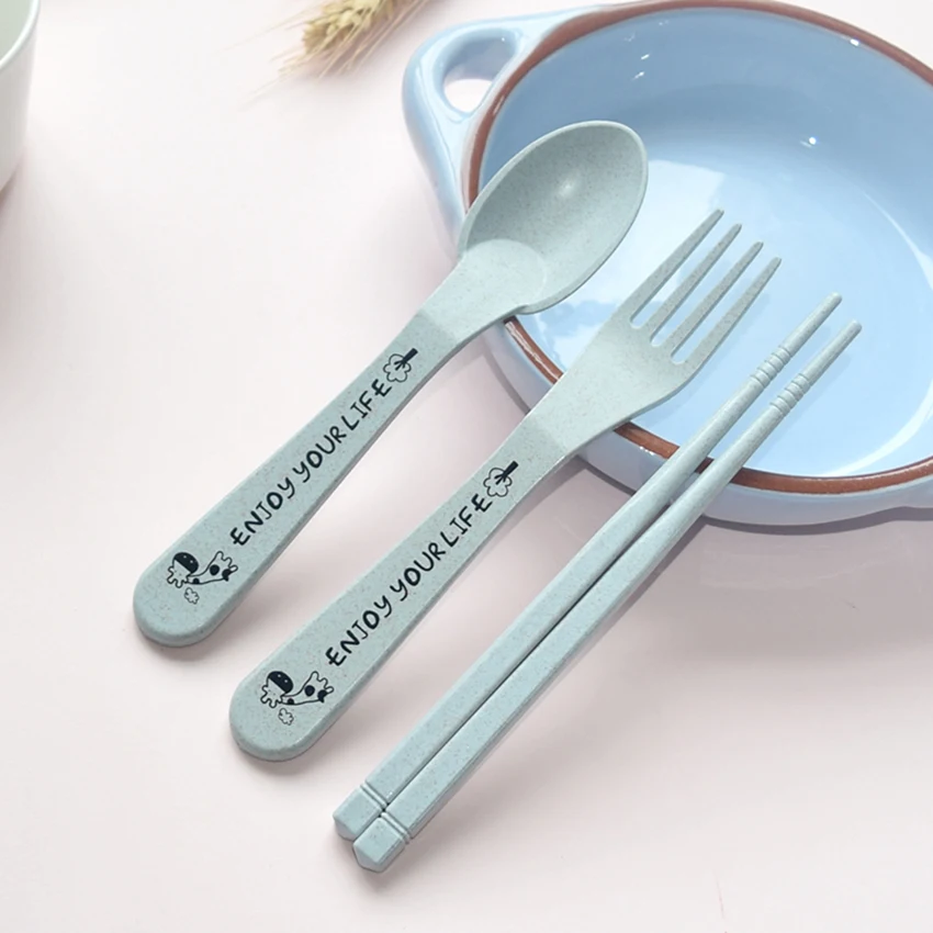 

3 PCS / set meal set cute portable travel tableware wheat straw fork spoon chopsticks children office tableware wedding gifts