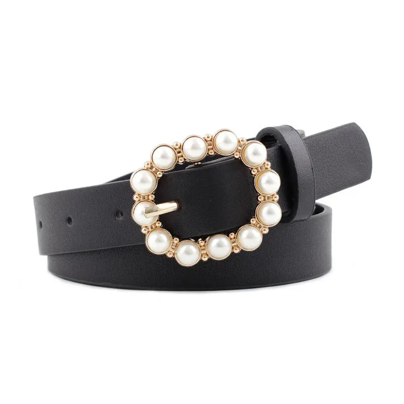 Fashion Pearl Decorative Belt Ladies Belt Round Pin Buckle Pearl Belts Women's Casual Solid PU Leather Thin Belt - Цвет: black