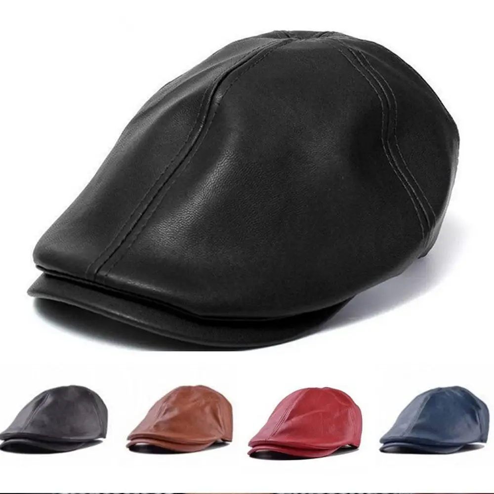 Women's Vintage Berets Cap British Adjustable Simple Faux Leather Hat