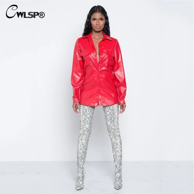 

CWLSP Sexy PU Womens Blouse 2018 New Fashion Turn-down Collor With Long Sleeve Punk Style Blouse With Button QZ2593