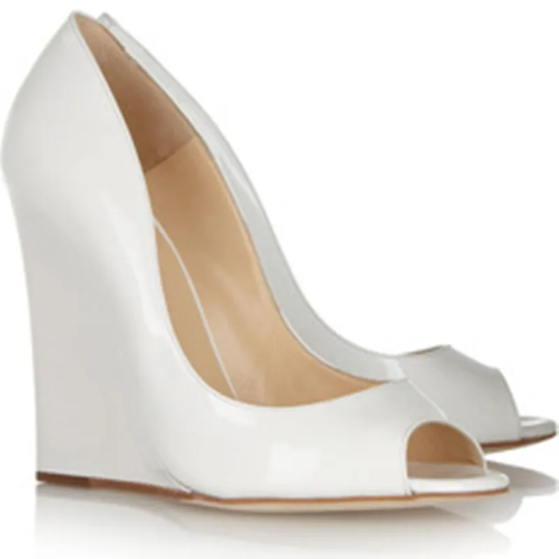

elegant woman white patent leather peep toe high wedge pumps real photo large size custom make woman high wedge heel shoes