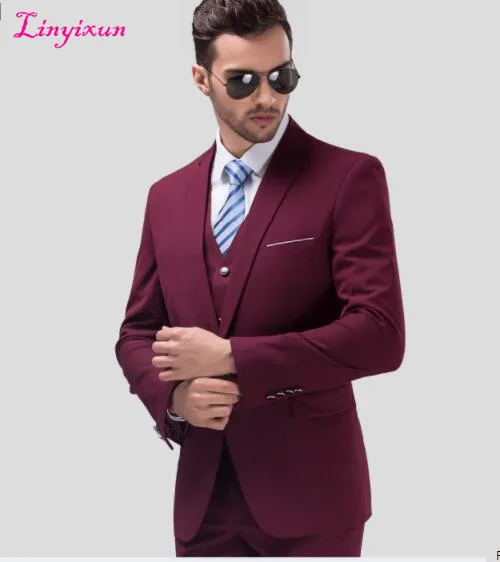Linyixun 2017 известный бренд мужские Костюмы Свадебные Жених плюс Размеры комплект из 3 предметов (куртка + жилет + штаны) slim Fit Повседневное