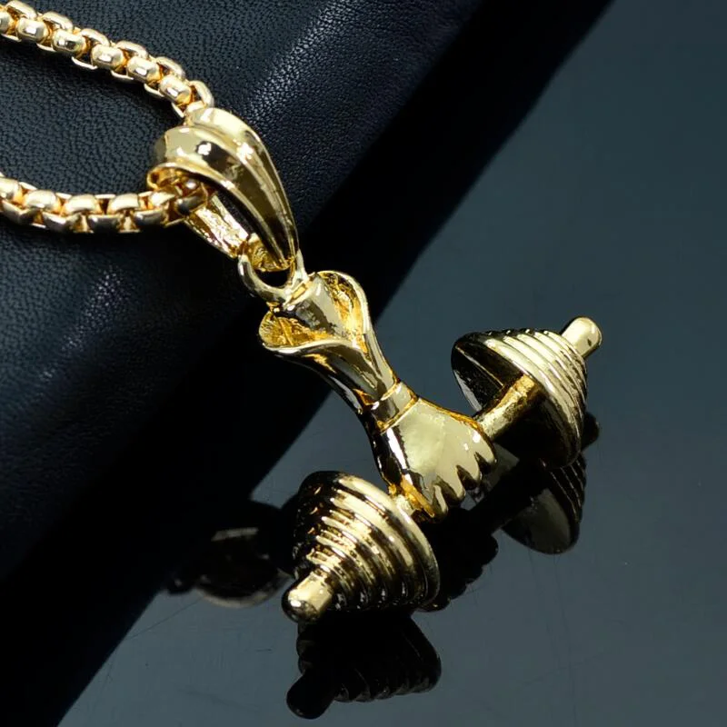 Steampunk Trendy Dumbbell Pendant Necklaces Men Hip Hop Jewelry Punk Style Fashion Statement Gold Long Chain Necklace Gifts | Украшения и