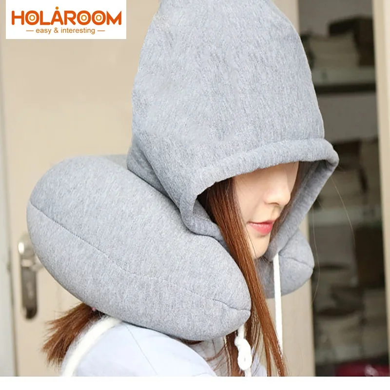 

Soft Hooded Pillow U-Shape Body Neck Pillows Solid Grey Nap Cotton Particle Cushion Textile Airplane Car Travel Pillow Almohada