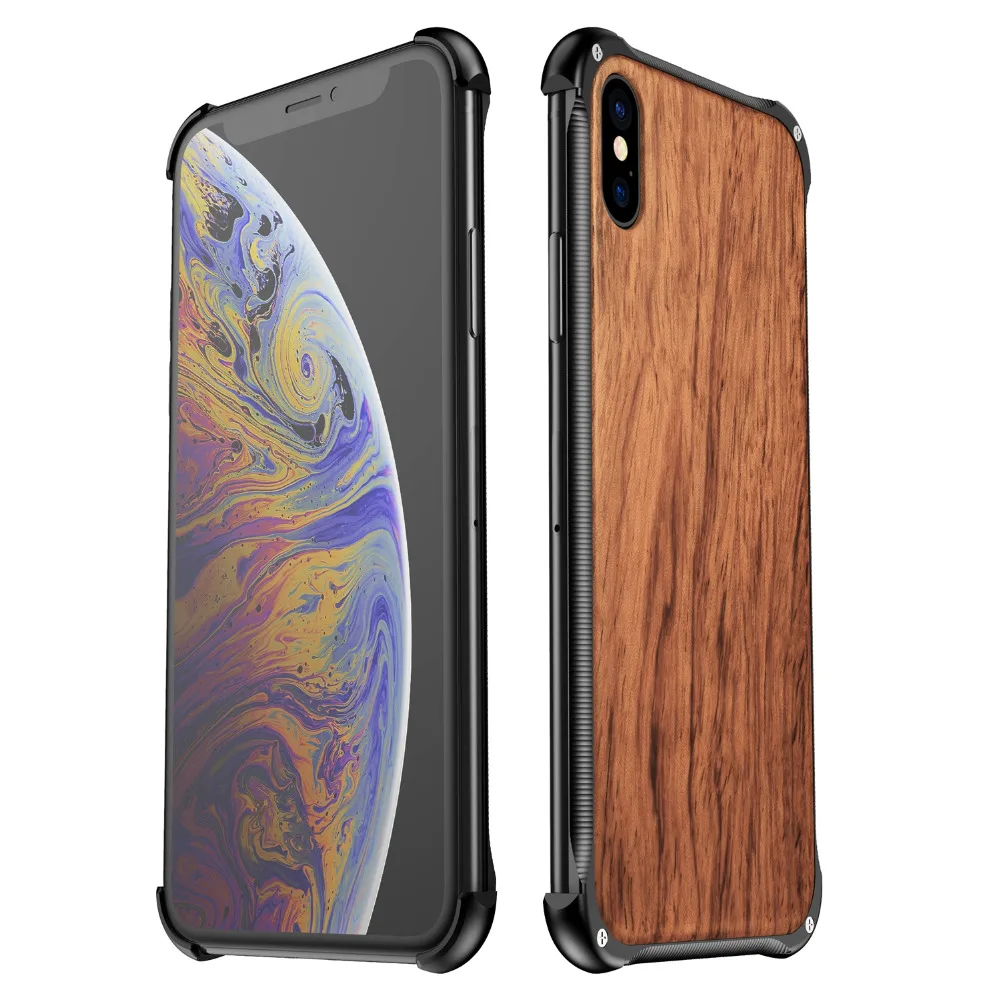 Деревянный чехол для iPhone XS Max X 8 7 Plus противоударный с металлической рамкой бампер