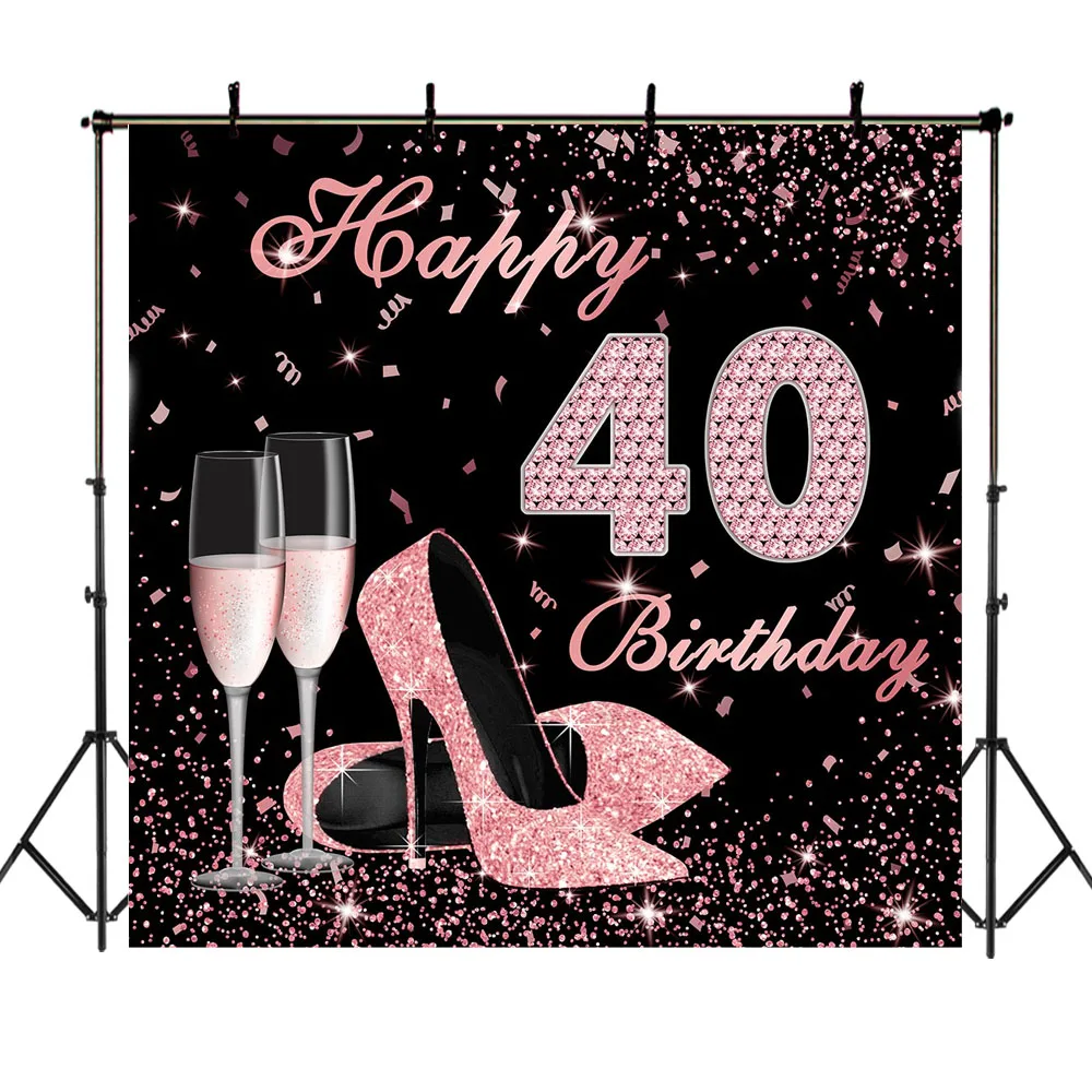 

NeoBack Happy 40th Birthday Backdrop High Heels Elegant Lady Photography Backdrops Rose Gold Diamond Backdrop for Pictures