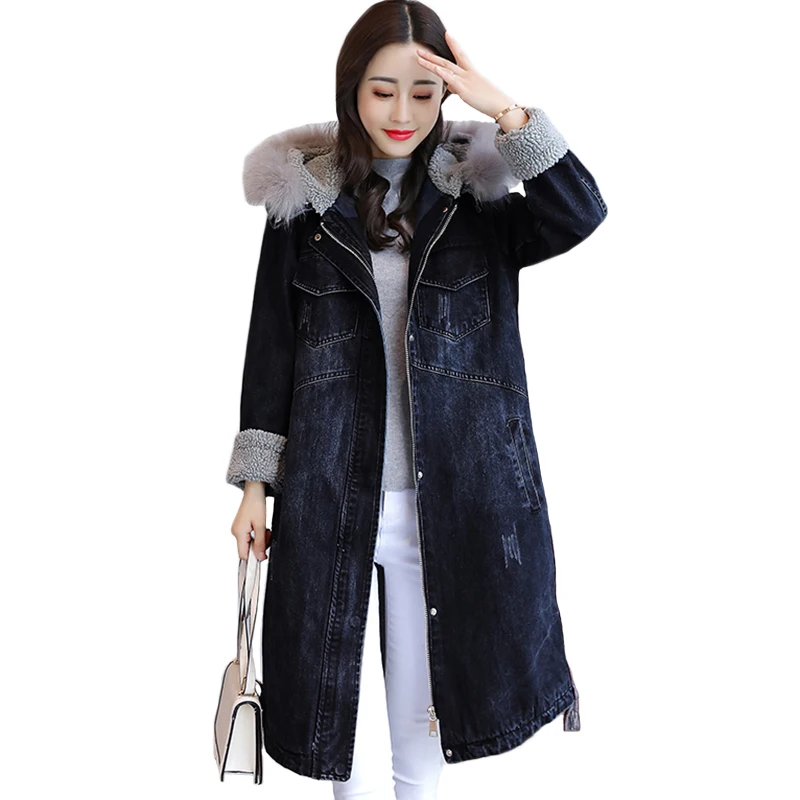 

Big Fur Neck Hooded Female 2018 Winter Parkas Coat Women Long Loose thickening Plus Cotton Fashion Denim Jacket ky249