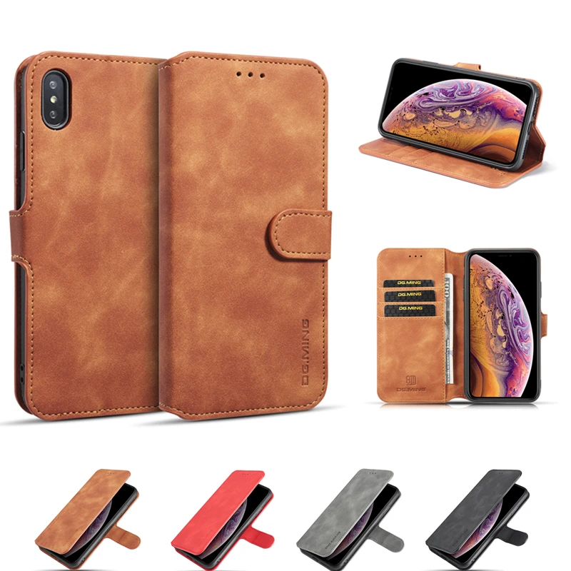 

DG.MING Vintage PU Leather Case For iPhone XS Max X 10 XR Flip Stand Card Slot Magnets Cover For iPhone 7 8 6 6S Plus 8 7 Cases