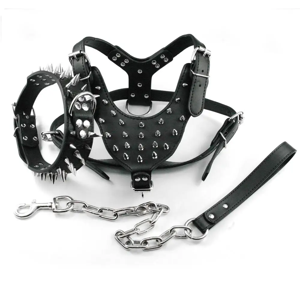 5 Colors Pu Leather Spiked Studded  Dog Harness & Collar & Leash Set For  Pitbull Bully  Medium  And Large Dogs Soft 3 Sizes