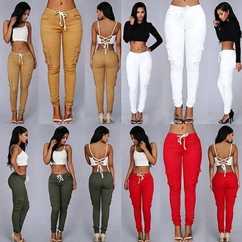 

Women's Casual Pocket Drawstring High Waist Stretch Skinny Pencil Pants Trousers