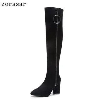 

{Zorssar} Fashion Suede leather Female High Boots Winter shoes Nubuck leather High Heel women Over The Knee boots Big Size 33-43