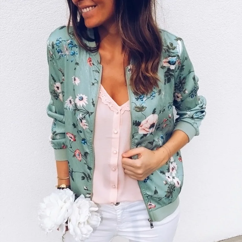 

Women Floral Print Bomber Jacket Vintage Long Sleeves Ribbed Cuffs Zipper Front Baseball Jacket Autumn Casual Ladies Thin Coats