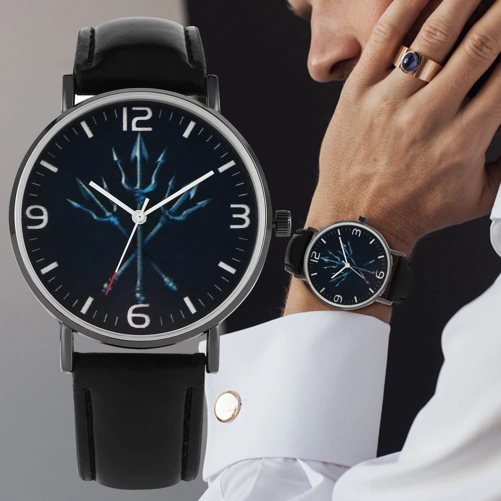 

Men's Unique Trident Pattern Dial Watch Comfortable Leather Strap Watch Classic Arabic Numerals Quartz Analog Wristwatch