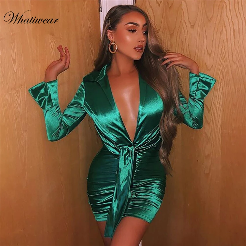 

Whatiwear 2019 New Fashion Deep V Neck Sexy Dress Ruffle Bow Women Dress Green Solid Casual Bohemian Beach Dress Vestidos