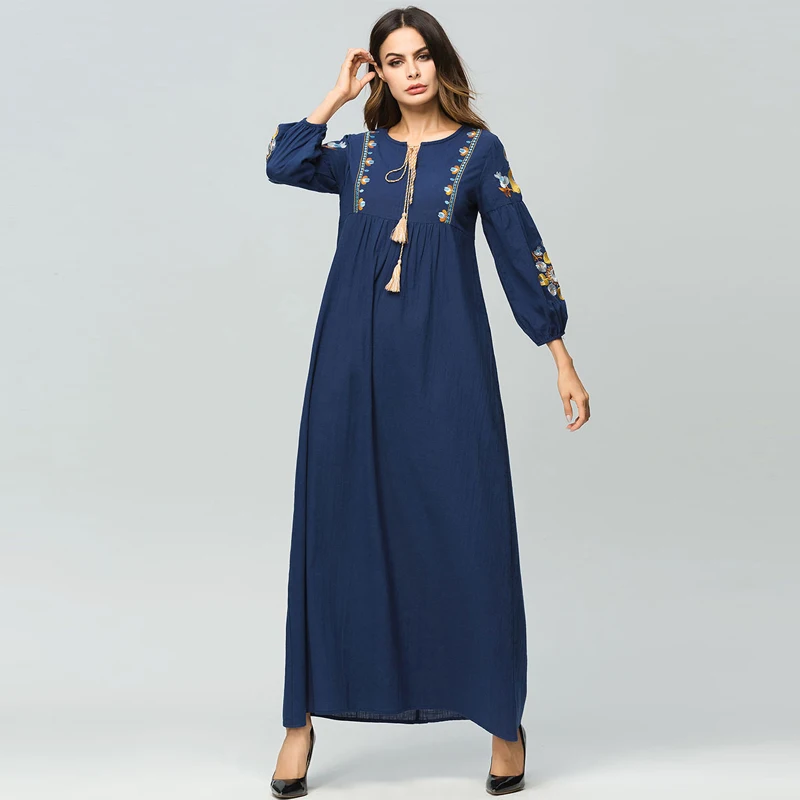 Vestido ОАЭ абайя Кафтан Дубай Бангладеш Турция Женщины хиджаб с вышивкой мусульманское платье джилбаб халат турецкая исламская одежда