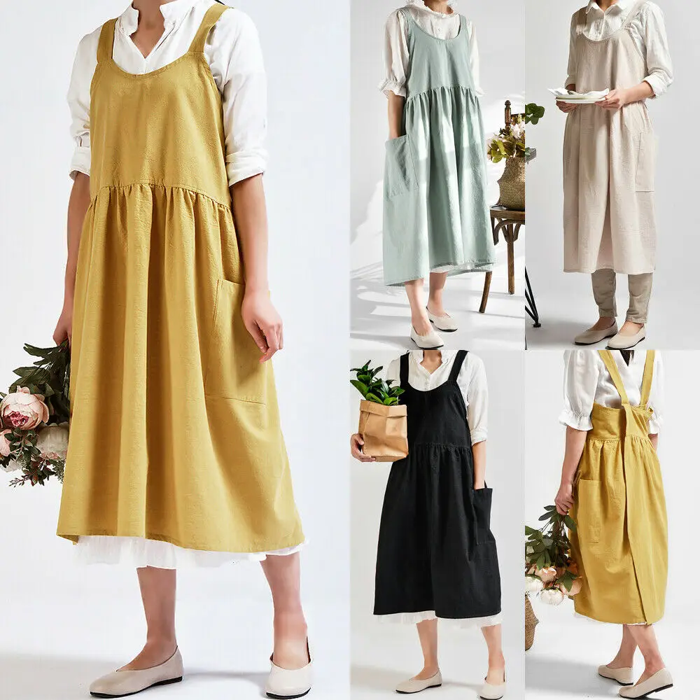 Newest Vintage Women Lady Linen Cross Back Apron Housework Baking Wrap Florist Dress Cafe Kitchen Cooking Casual Apron Dropship