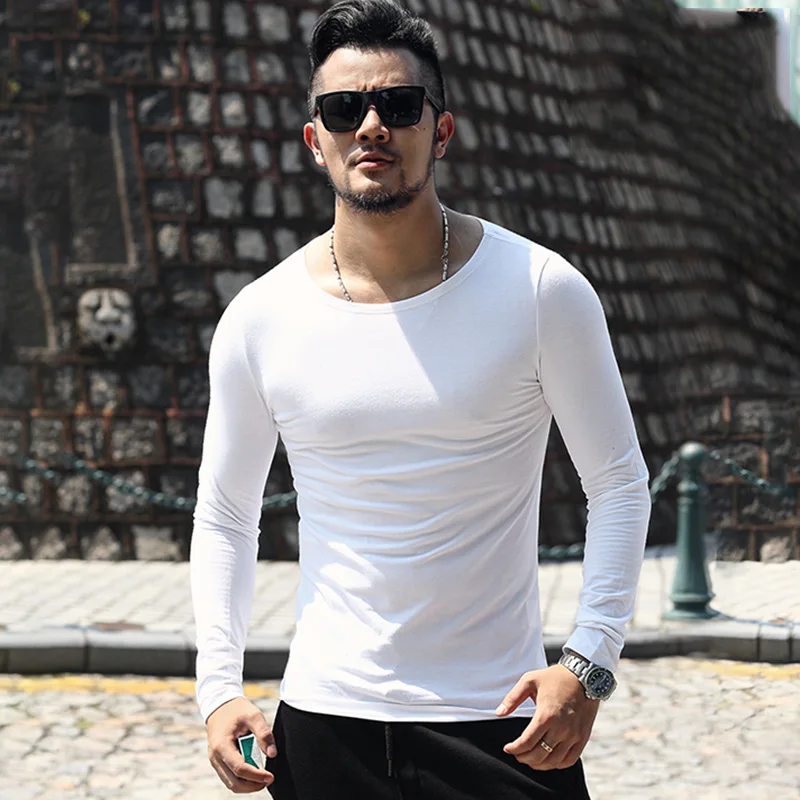 

Men new winter casual o neck collar European style long sleeved T-shirt metrosexual man slim cotton stretch brand t shirt