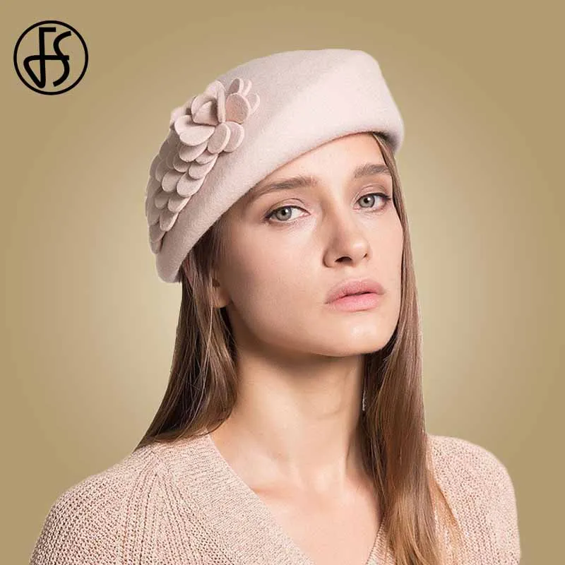 Goedkoop FS 100% Australische Wolvilt Baretten Dames Kunstenaar Baret Hoeden Voor Vrouwen Elegante Cap Casual Boina Bloemen Caps Boina Feminino hoed
