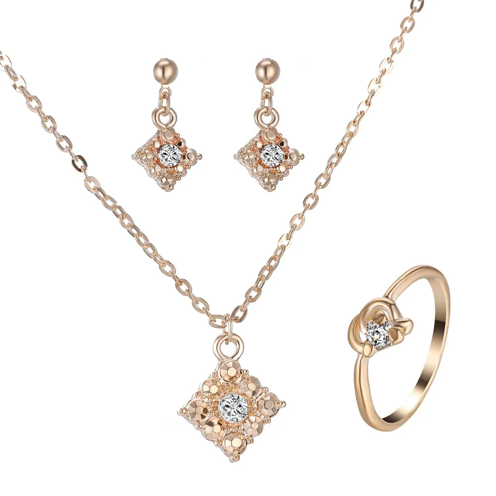 

Romantic Women's Pendant Necklace Gold Plated Diamond Jewelry Set Crystal 3 Pcs Necklace Earring Ring Bijoux Sets Gift