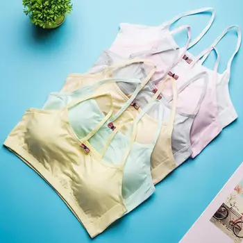 

Puberty Girls Spaghetti Straps Sport Training Bra Breathable Mesh Back Underwear Candy Color Cute Cartoon Cat Bralette Crop Top