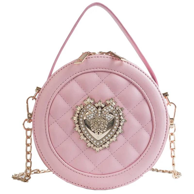 

Heart-Shaped Applique Rhombic Round Pu Fashion Casual Chain Shoulder Bag Handbag Crossbody Mini Messenger Bag Femal Bolsa Purse