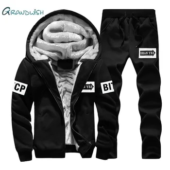 

Grandwish Casual Tracksuit Mens Set Winter Brand Two Piece Sets Inner Fleece Thick Hooded 2PC Jacket + Pants Sporting Suit,GA121