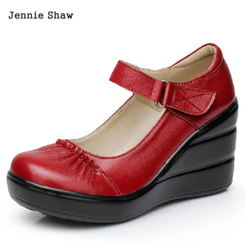 

Women's Soft genuine cow leather red blue brown black platform wedges female small size single shoes