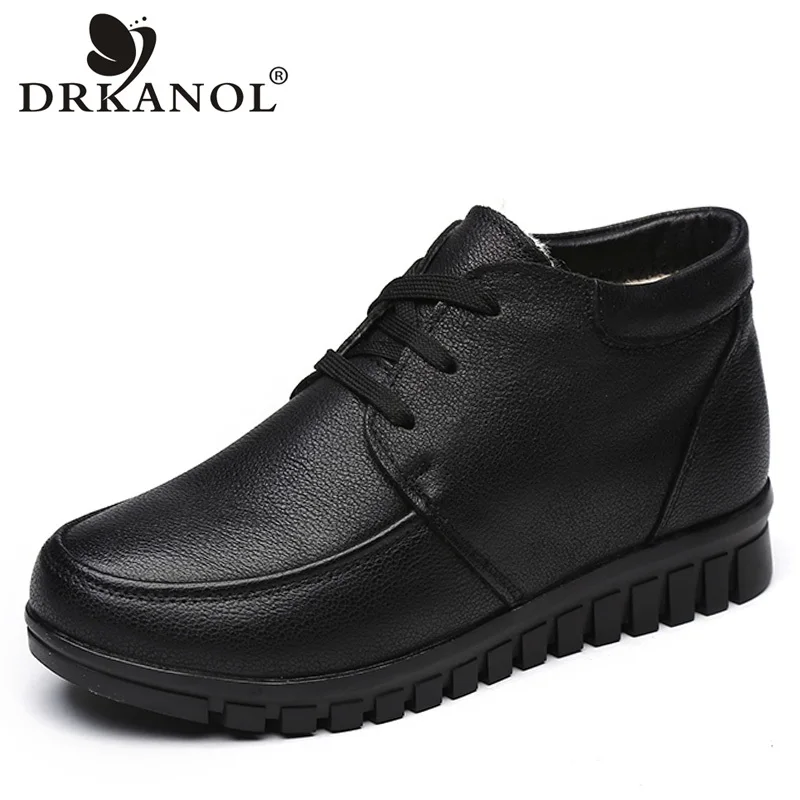 DRKANOL/Новинка года; женские теплые зимние ботинки; ботильоны на шнуровке из натуральной кожи; женская хлопковая обувь с круглым носком для мам